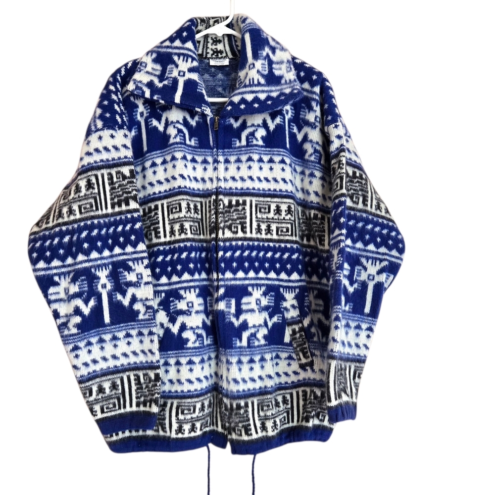 Coraza Crafts Sweater Jacket Blue  Wool Zip Front Tribal Sz M Ecuador Unisex